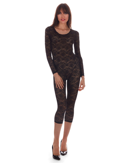 Women's Estelle Long Sleeve Stretch Lace Capri Catsuit : Color: Black