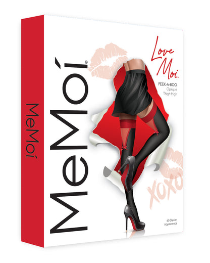 Women's Peek A Boo Opaque 60 Denier Bow Accent Thigh High : Color: Black-Red