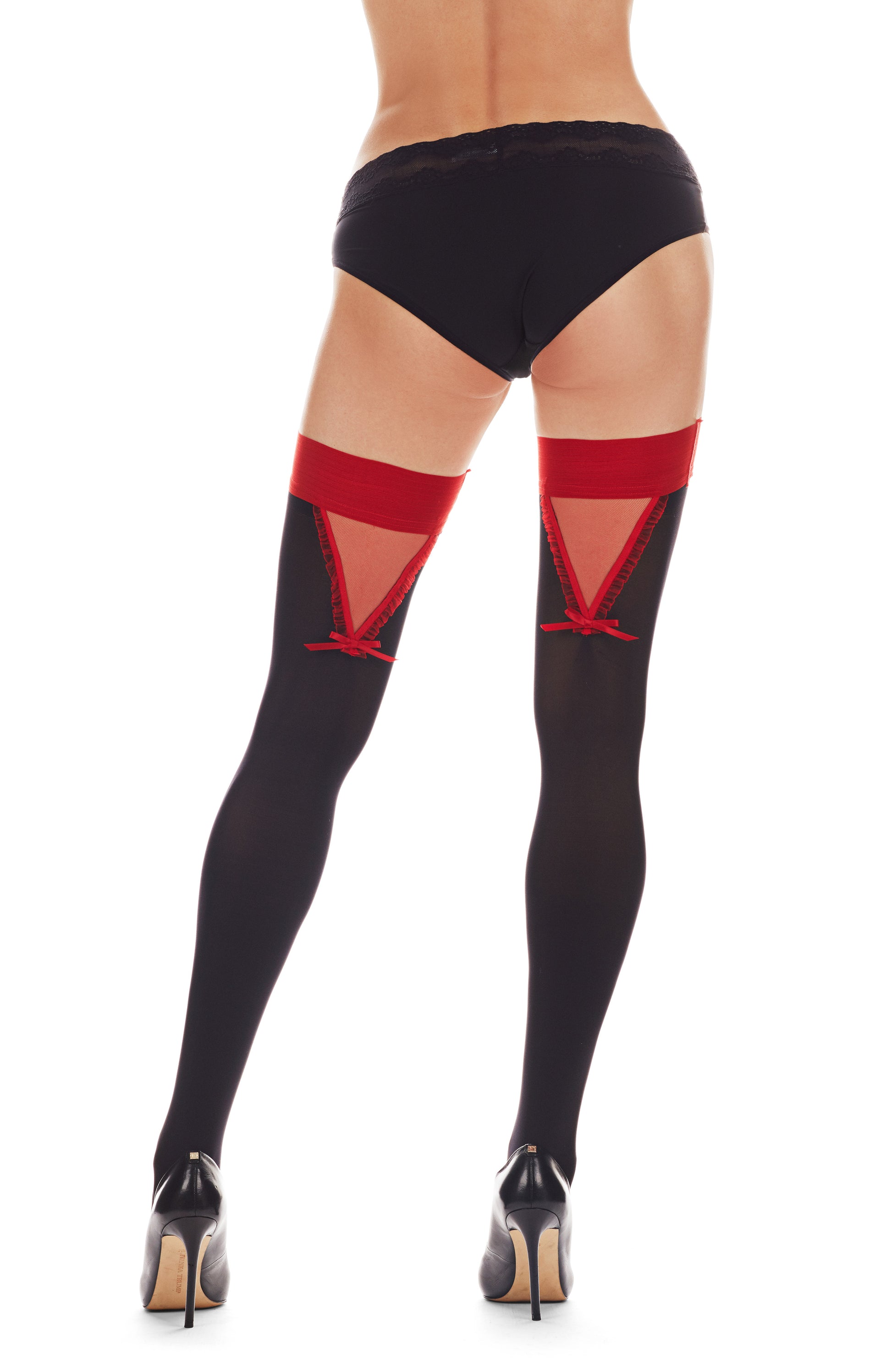 Women's Peek A Boo Opaque 60 Denier Bow Accent Thigh High : Color: Black-Red