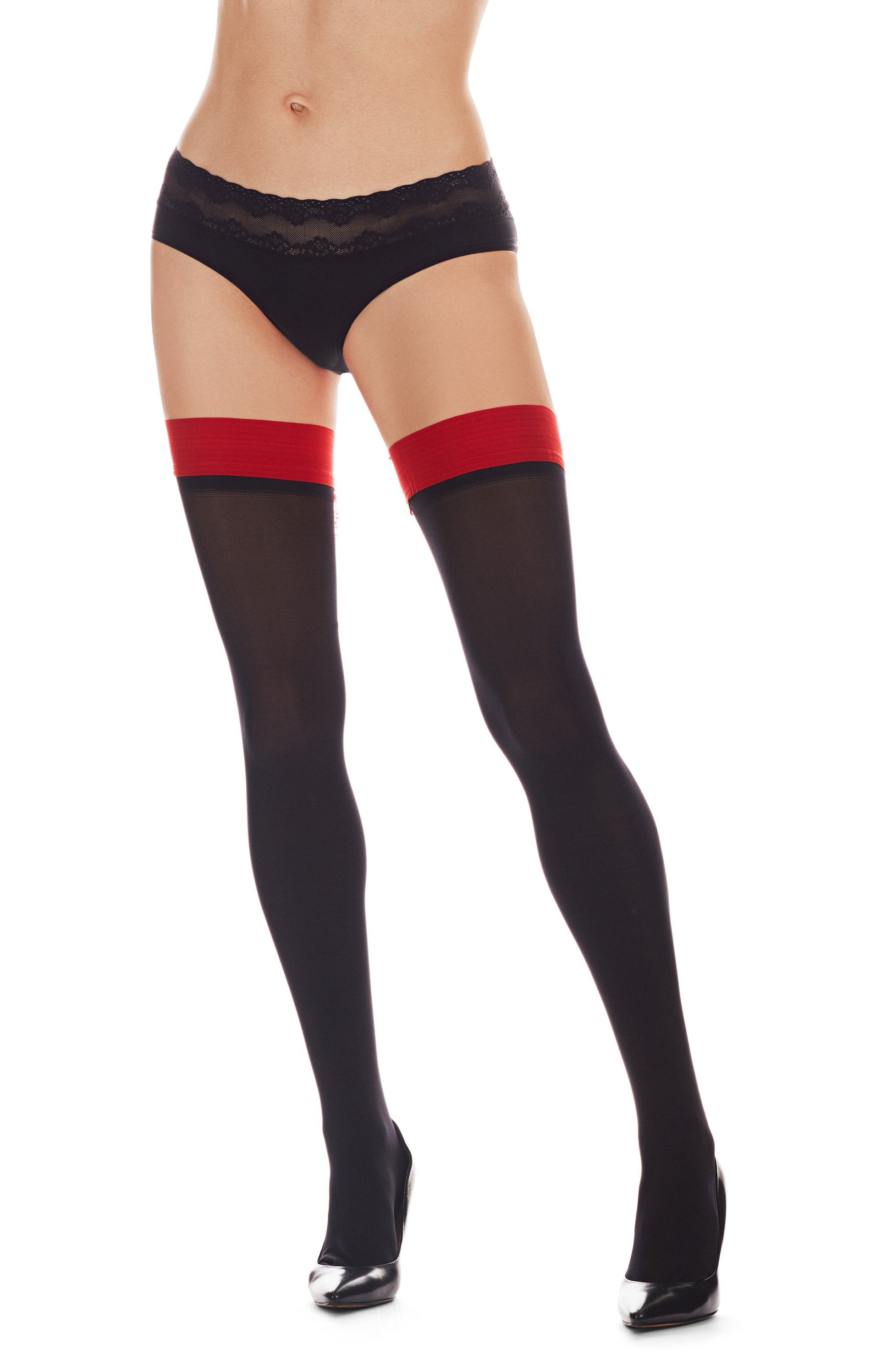 Women's Peek A Boo Opaque 60 Denier Bow Accent Thigh High : Color: Black-Red