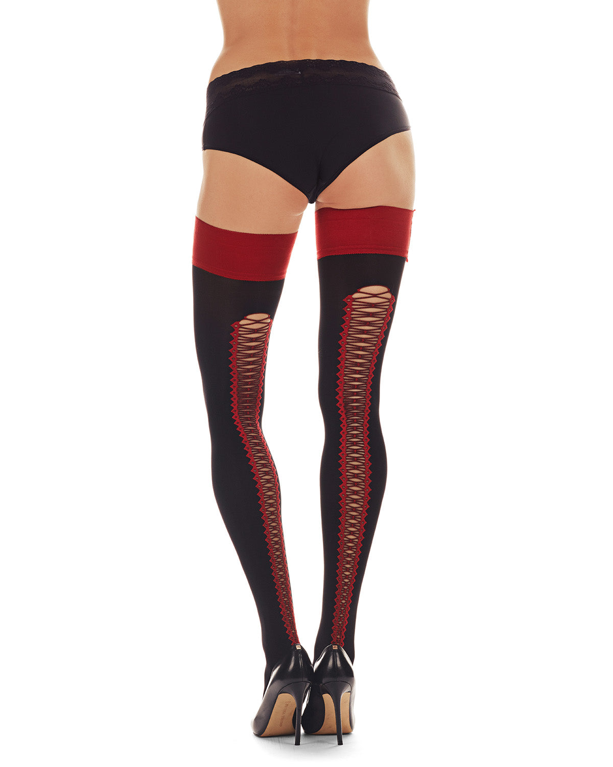 Women's Ooh La La Corset Backseam Opaque Thigh High : Color: Black-Red