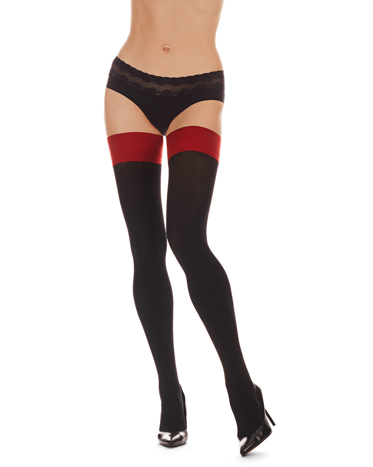 Women's Ooh La La Corset Backseam Opaque Thigh High : Color: Black-Red