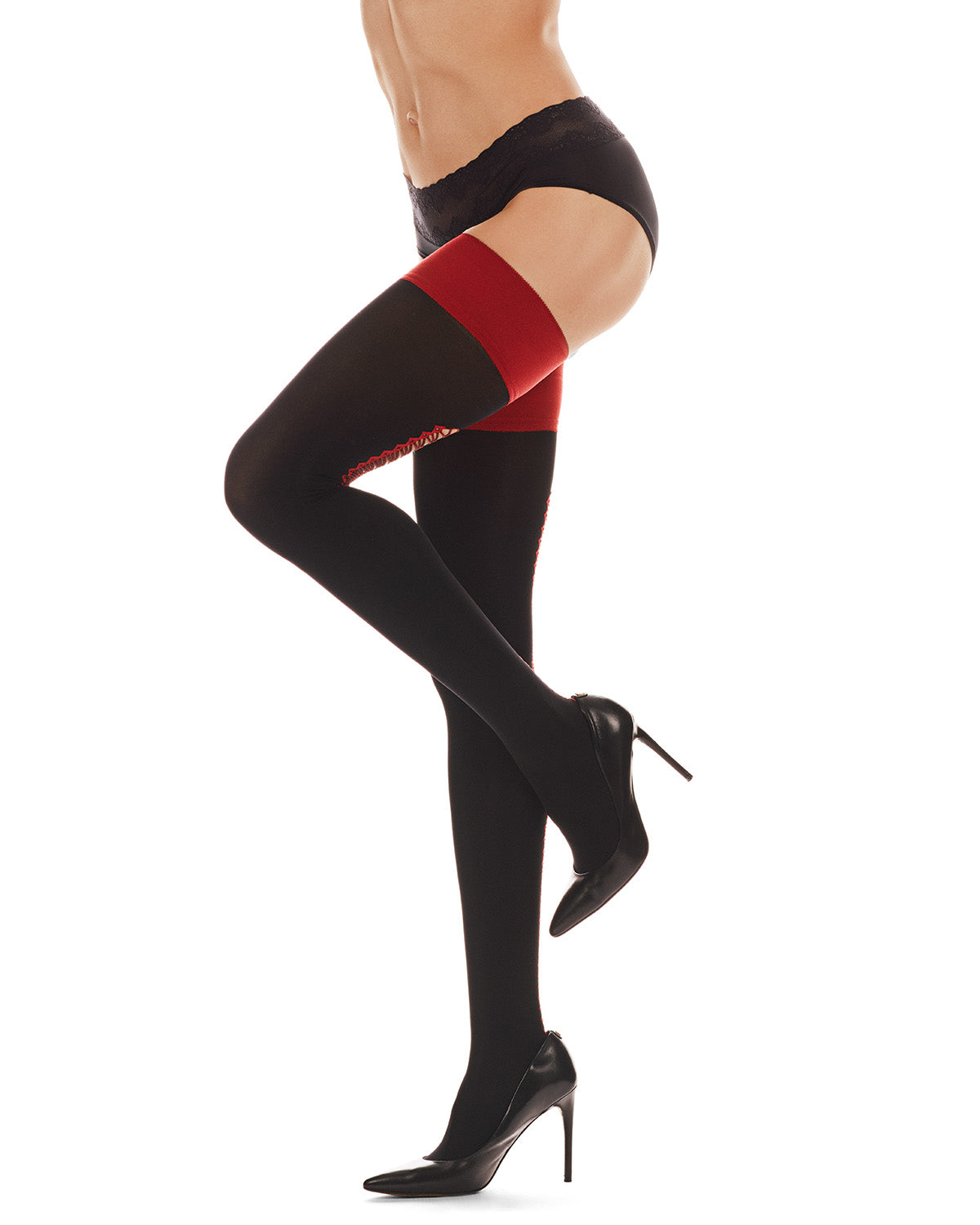 Women's Ooh La La Corset Backseam Opaque Thigh High : Color: Black-Red