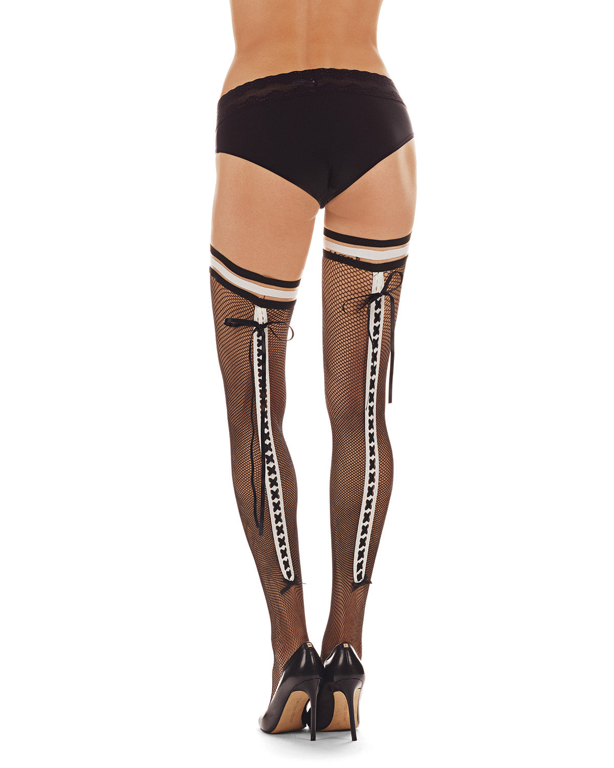 Women's French Maid Lace Up Backseam Net Thigh High : Color: Black