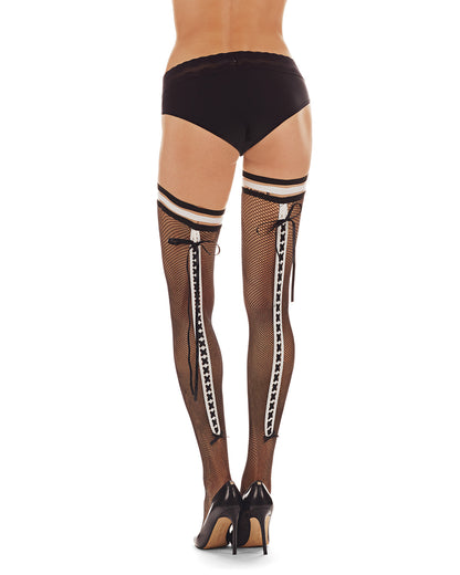 Women's French Maid Lace Up Backseam Net Thigh High : Color: Black