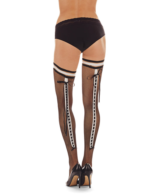Women's French Maid Lace Up Backseam Net Thigh High : Color: Black