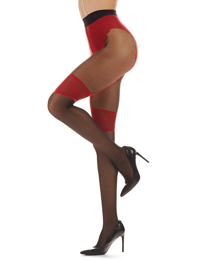 Women's Fantasy Knit in Cheeky Brief Garter Sheer Pantyhose : Color: Black-Red