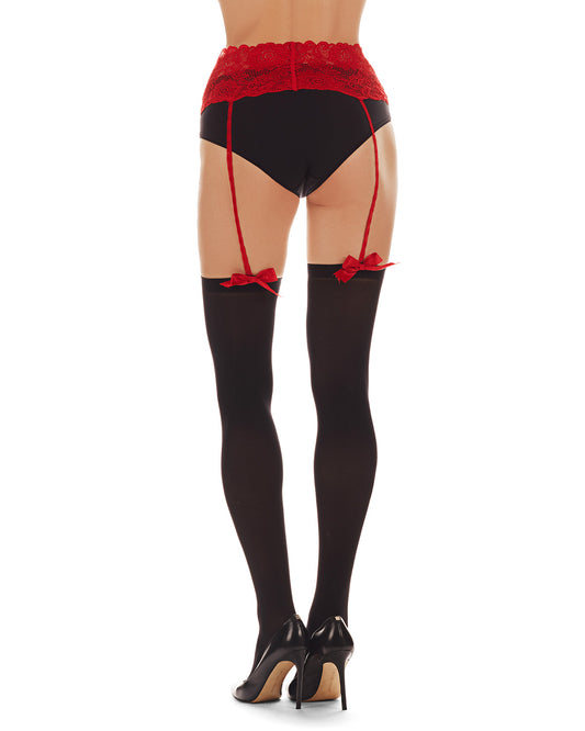 Women's No Strings Attached 60 Denier Opaque Suspender Pantyhose : Color: Black-Red