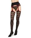 Women's Secret Garden Suspender 30 Denier Sheer Pantyhose : Color: Black-Red