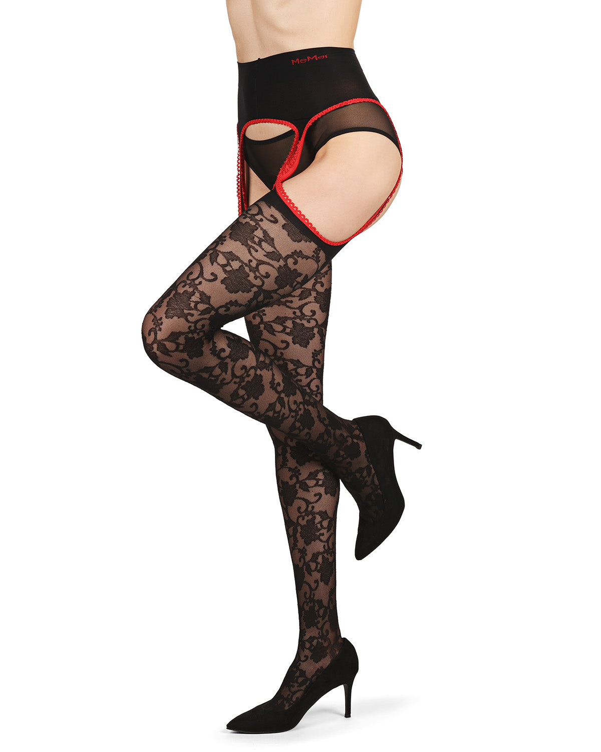 Women's Secret Garden Suspender 30 Denier Sheer Pantyhose : Color: Black-Red