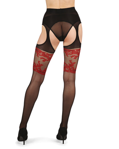 Women's Lady In Red Suspender 20 Denier Sheer Pantyhose : Color: Black-Red