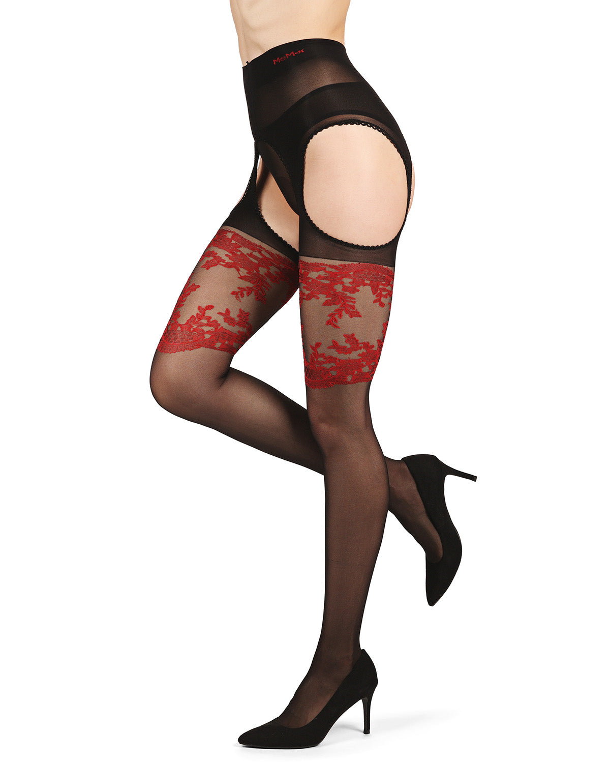 Women's Lady In Red Suspender 20 Denier Sheer Pantyhose : Color: Black-Red