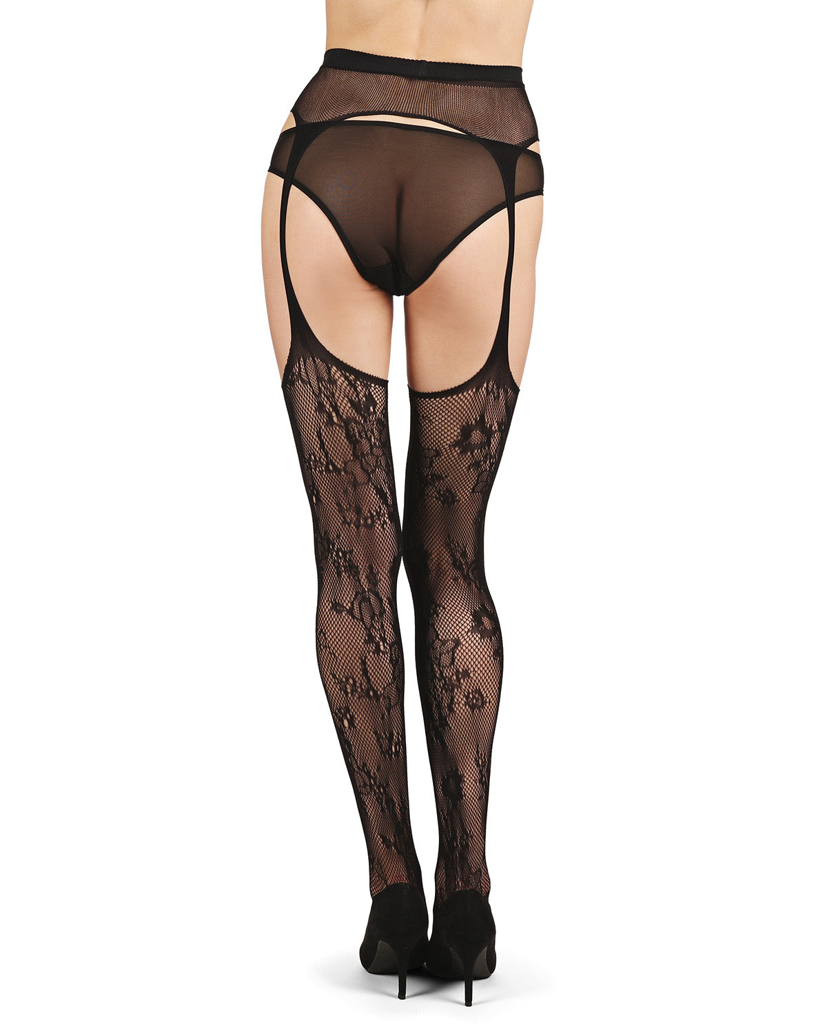 Women's All-In-One Lace Suspender Floral Fishnet Tights : Color: Black