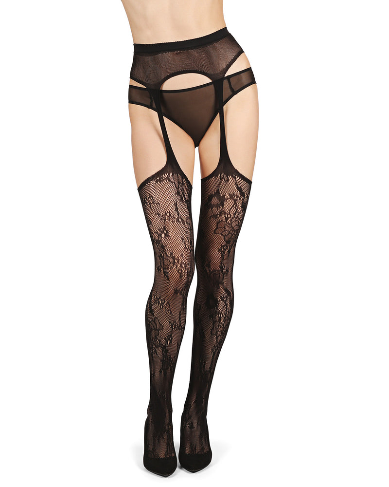 Natori Women's Floral Lace Cut-Out Fishnet Tights Black Small