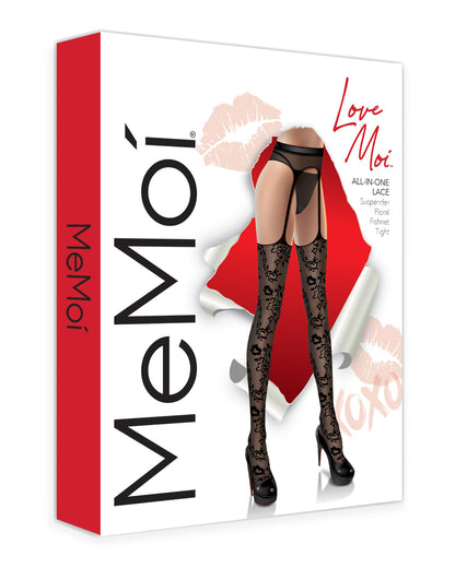 Women's All-In-One Lace Suspender Floral Fishnet Tights : Color: Black