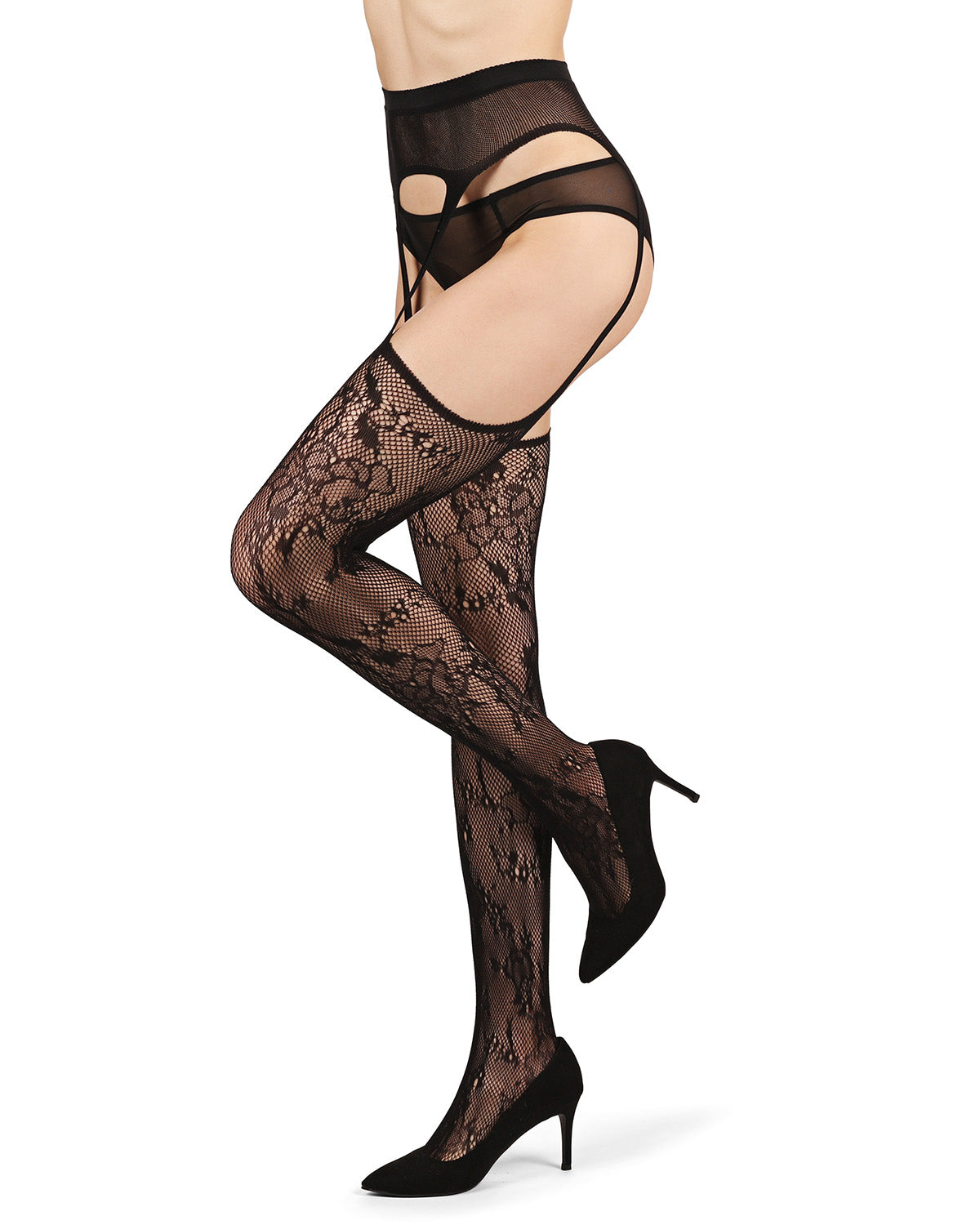 Women's All-In-One Lace Suspender Floral Fishnet Tights : Color: Black