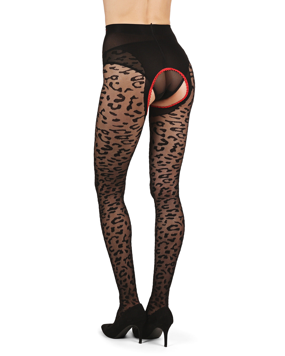 Women's Born To Be Wild Leopard Crotchless Sheer Pantyhose : Color: Black-Red