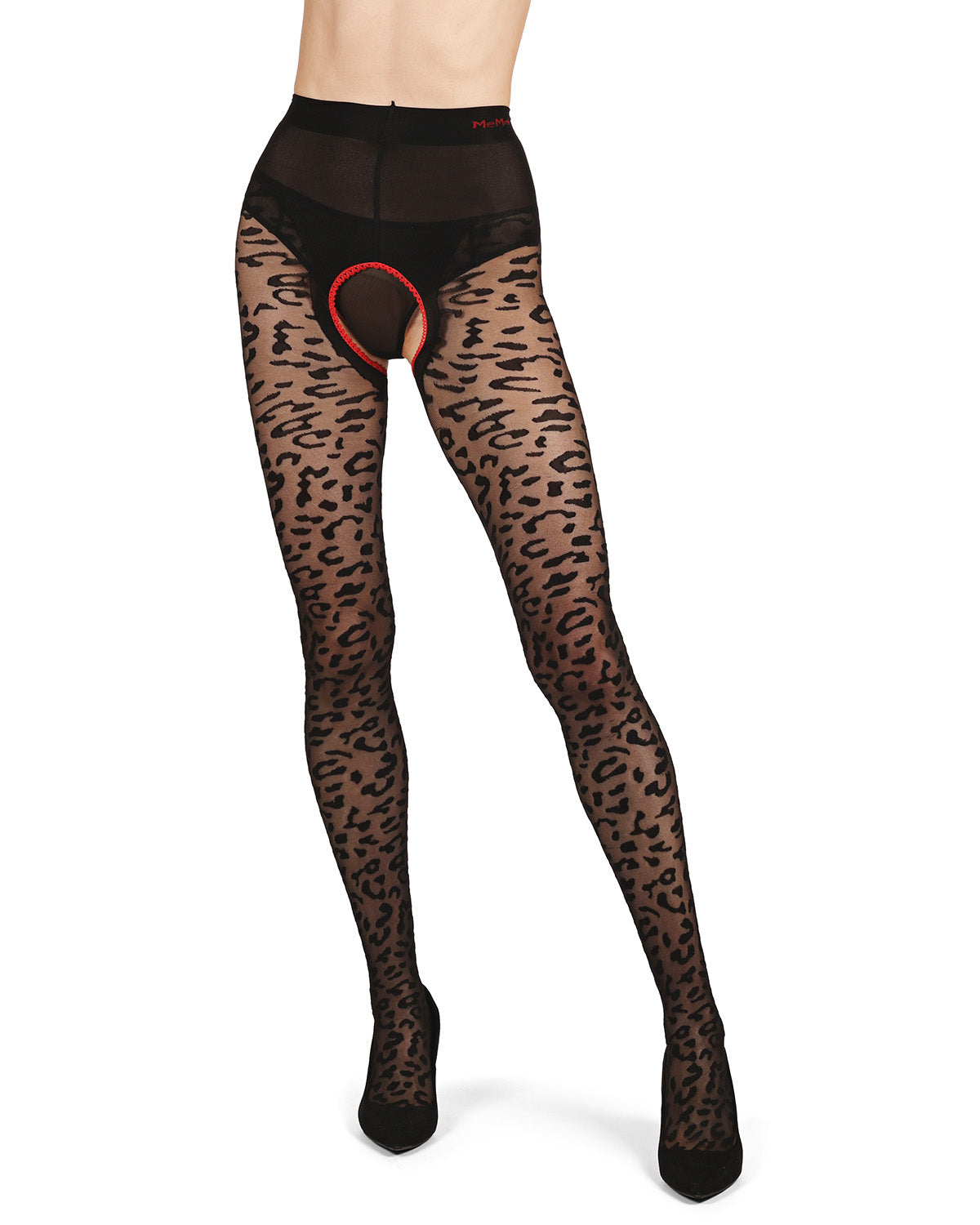 Women's Born To Be Wild Leopard Crotchless Sheer Pantyhose : Color: Black-Red