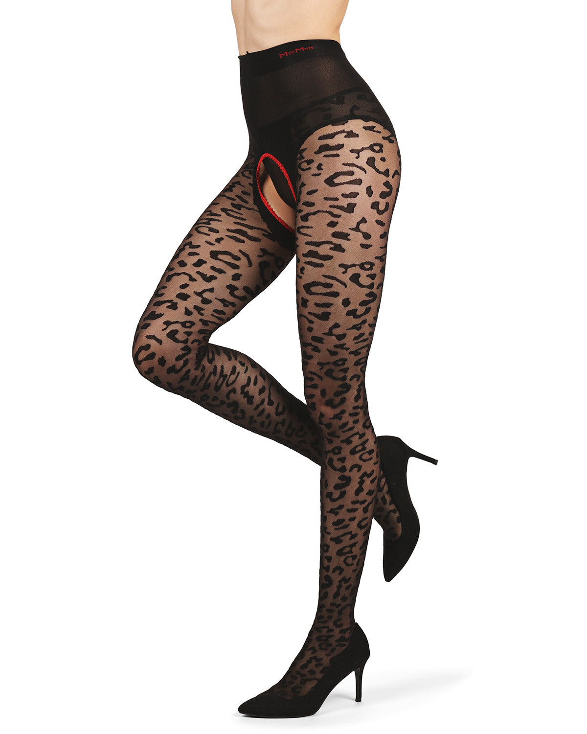 Women's Born To Be Wild Leopard Crotchless Sheer Pantyhose : Color: Black-Red