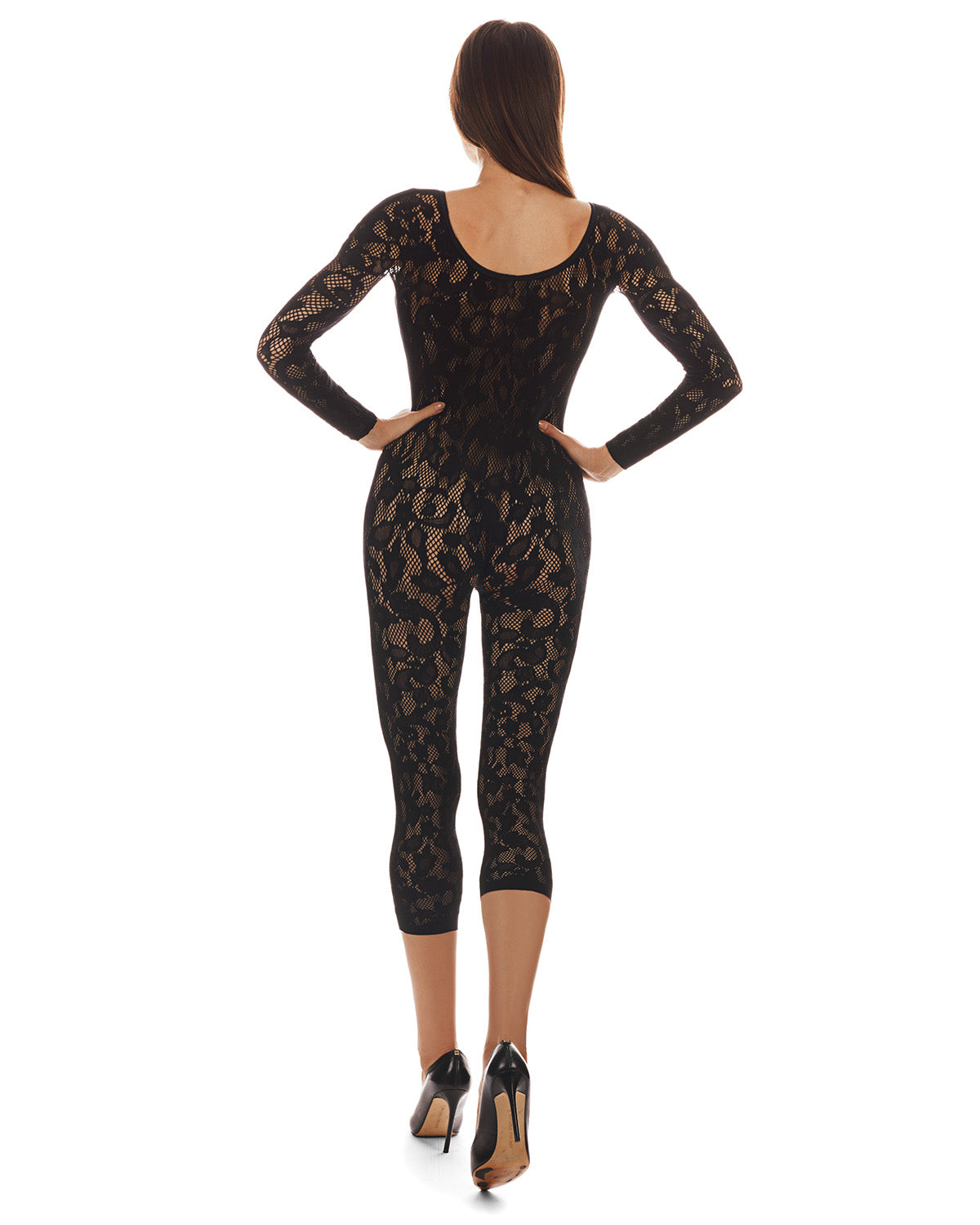 Women's Floral Romance Long Sleeve Lace Seamless Body Stocking : Color: Black