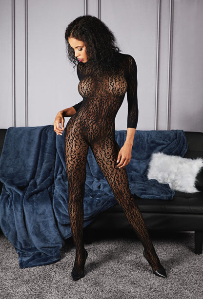 Women's Wild Leopard Long Sleeve Seamless Body Stocking : Color: Black