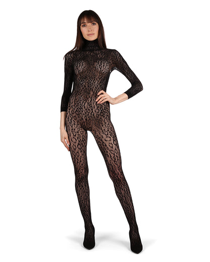 Women's Wild Leopard Long Sleeve Seamless Body Stocking : Color: Black