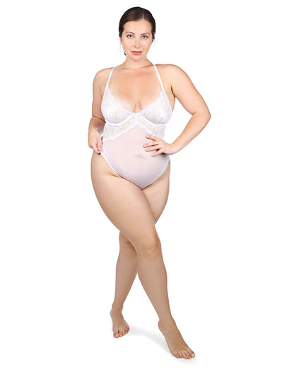Women's Emilie Sleeveless Sheer Mesh Lace Thong Bodysuit : Color: White
