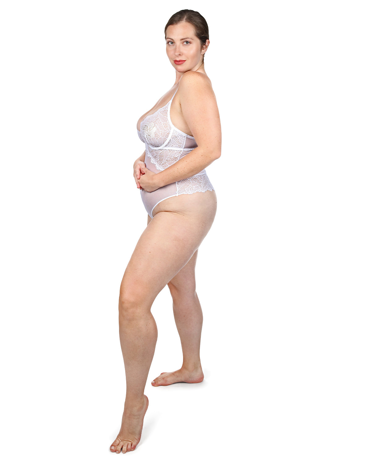 Women's Emilie Sleeveless Sheer Mesh Lace Thong Bodysuit : Color: White