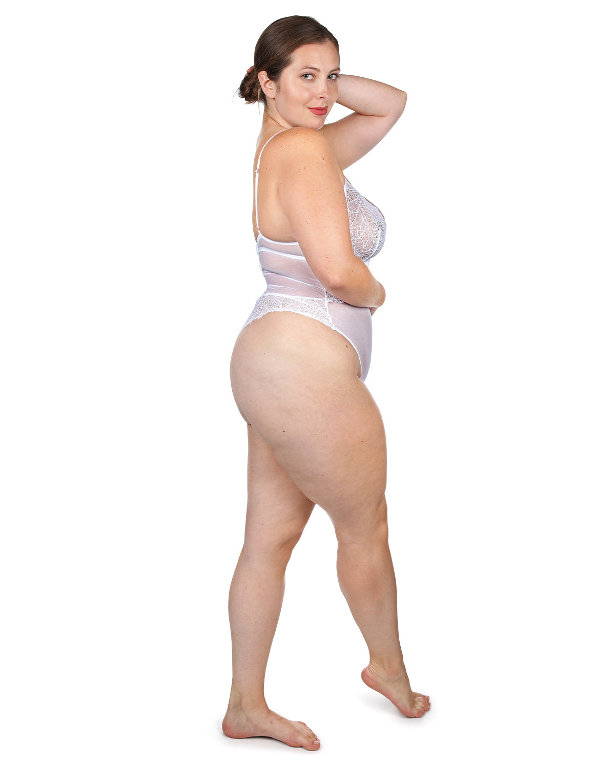 Women's Emilie Sleeveless Sheer Mesh Lace Thong Bodysuit : Color: White