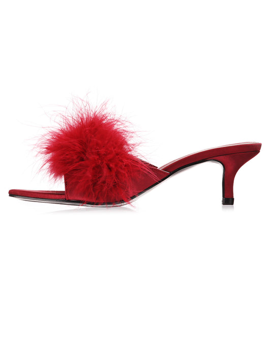 Women's Mona Marabou Hard Sole Slender Heel Slipper : Color: Red