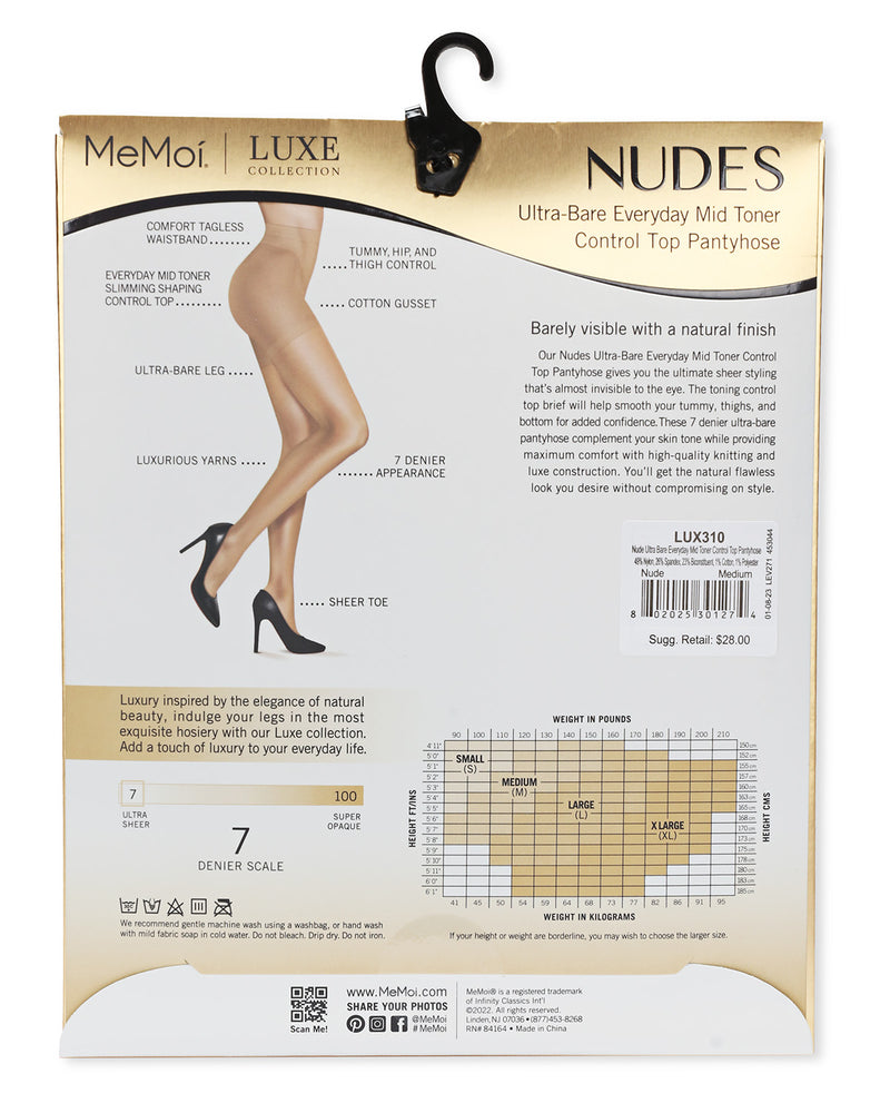 Women's Nudes Ultra Bare Everyday Mid Toner Control Top LUXE Pantyhose