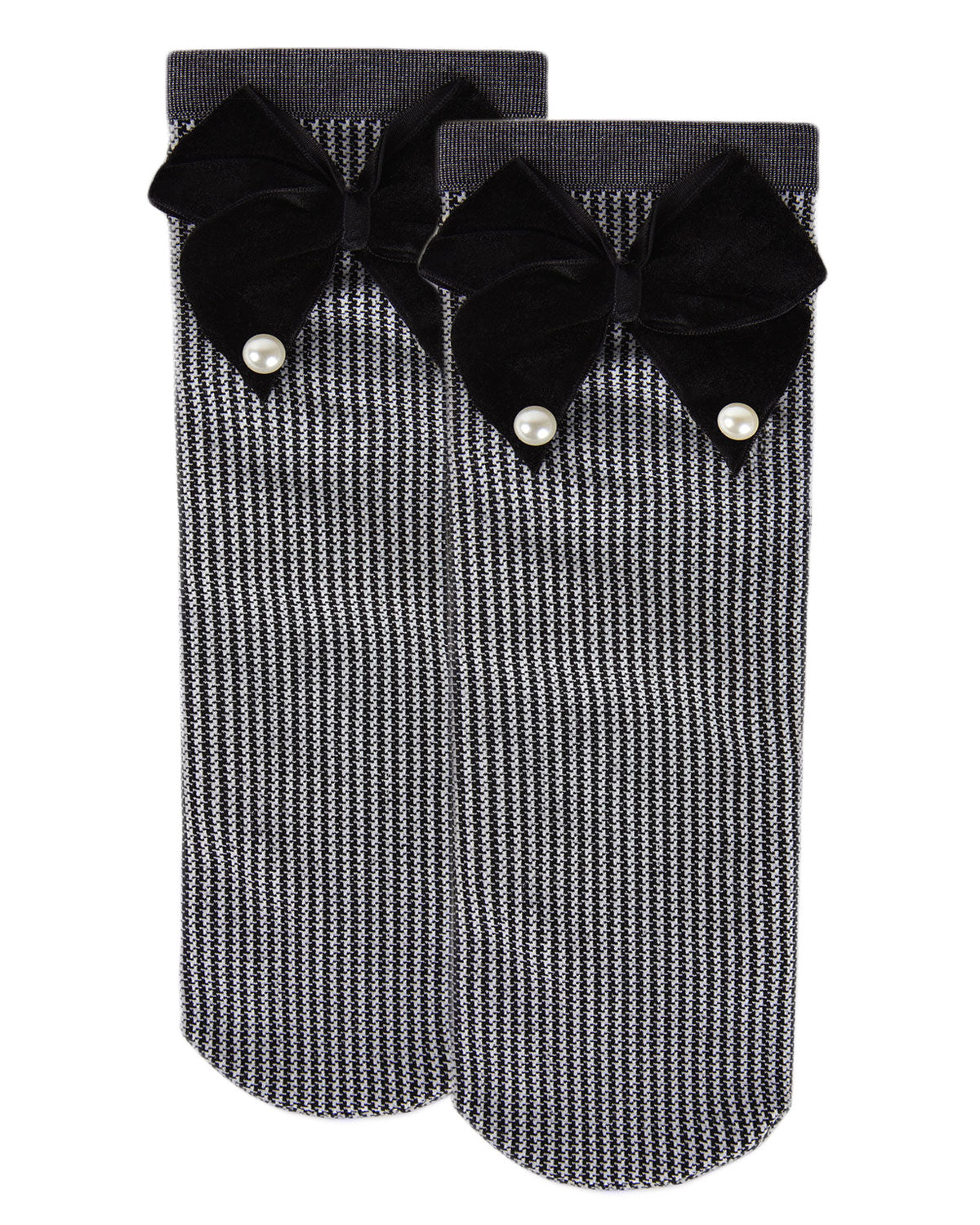 Women's Houndstooth Faux Pearl Bow Accent Anklet Sock : Color: Black/Gray