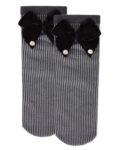 Women's Houndstooth Faux Pearl Bow Accent Anklet Sock : Color: Black/Gray