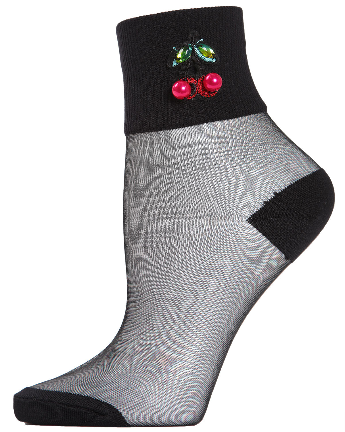 Women's Berry Cherry Rhinestone Sheer Anklet Sock : Color: Black