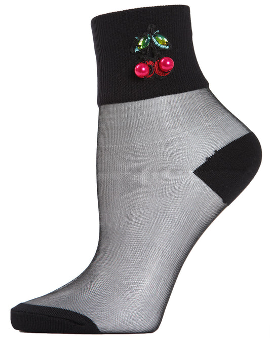 Women's Berry Cherry Rhinestone Sheer Anklet Sock : Color: Black