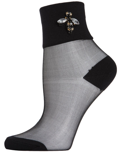 Women's Queen Bee Rhinestone Cuff Sheer Anklet Sock : Color: Black