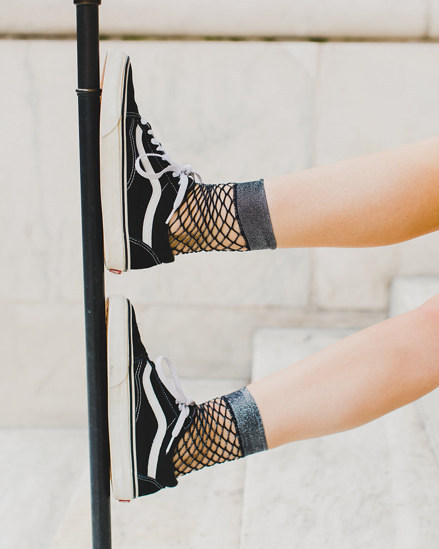 Women's All Net Shimmery Glitter Fishnet Anklet Sock : Color: Black
