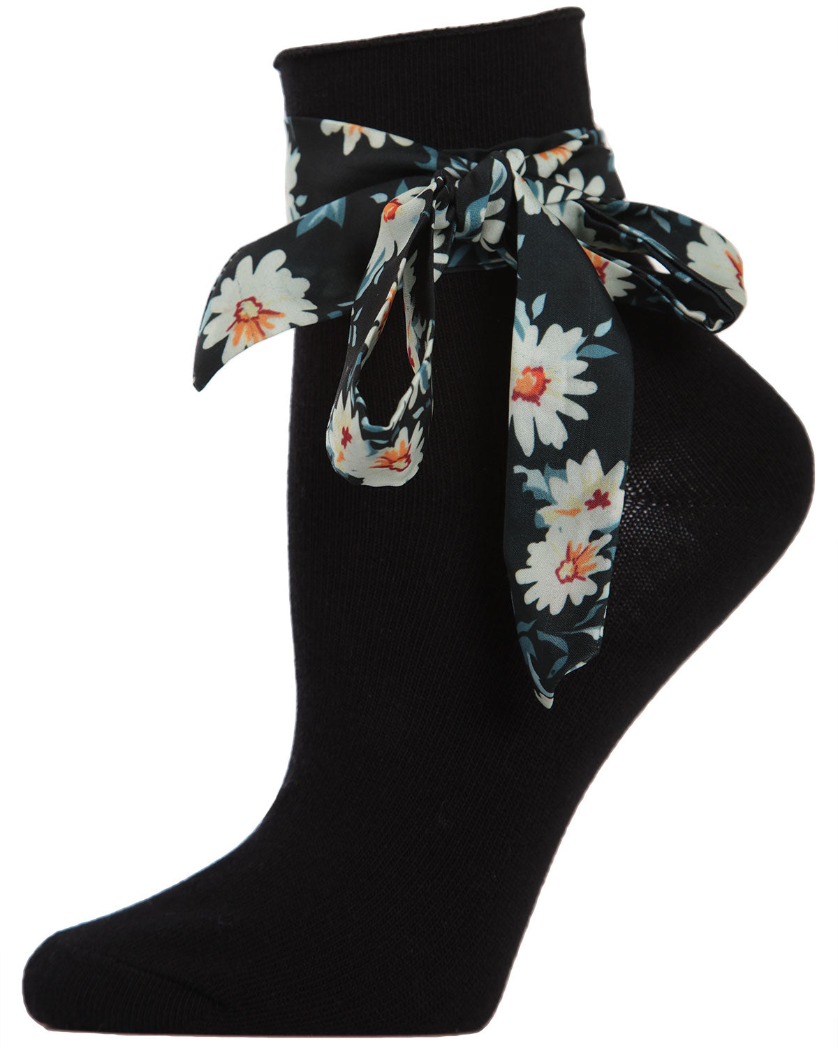 Women's Bonny Floral Ribbon Cotton Blend Anklet Sock : Color: Black