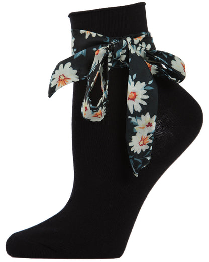 Women's Bonny Floral Ribbon Cotton Blend Anklet Sock : Color: Black