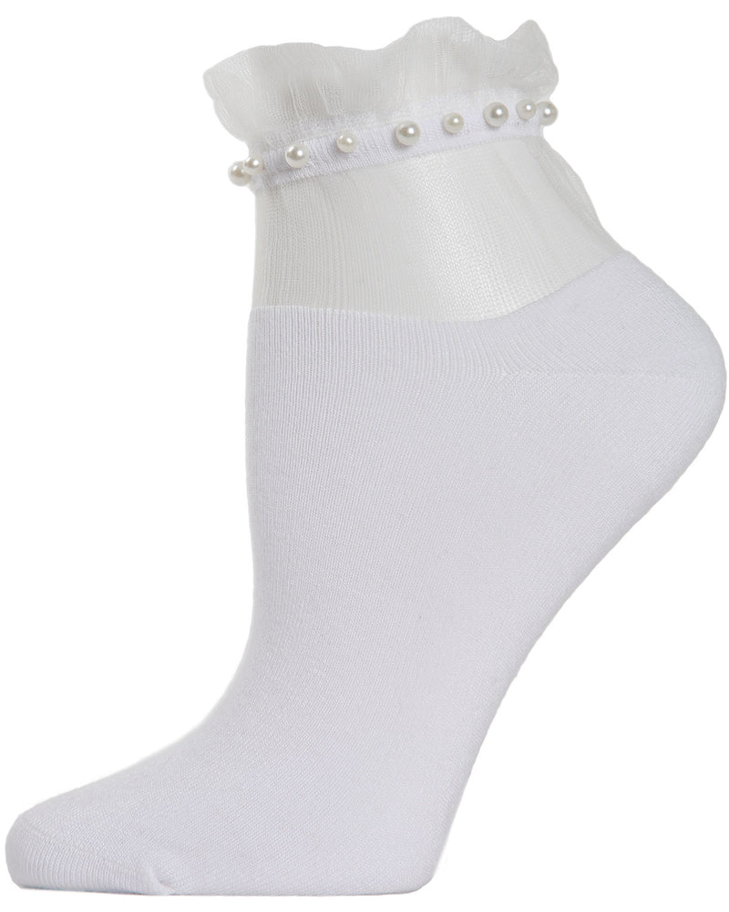 MeMoi Sheer Ruffle Cuff Pearl Anklet Socks