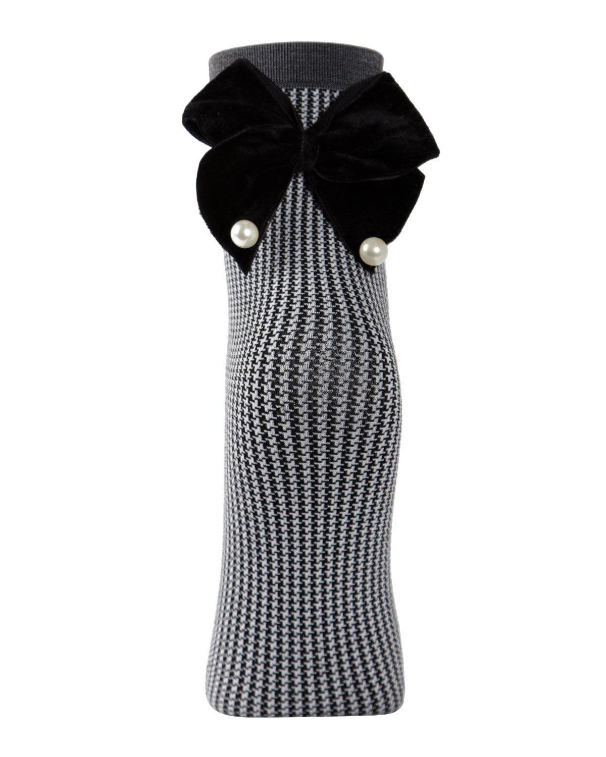 Women's Houndstooth Faux Pearl Bow Accent Anklet Sock : Color: Black/Gray