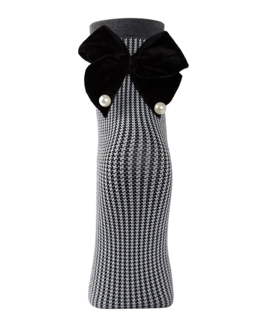 Women's Houndstooth Faux Pearl Bow Accent Anklet Sock : Color: Black/Gray
