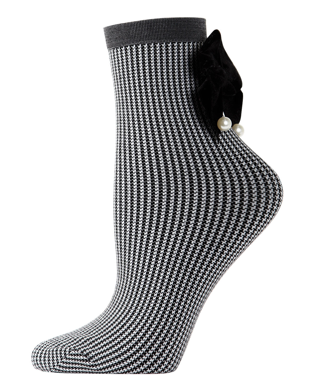 Women's Houndstooth Faux Pearl Bow Accent Anklet Sock : Color: Black/Gray