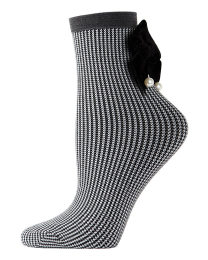 Women's Houndstooth Faux Pearl Bow Accent Anklet Sock : Color: Black/Gray