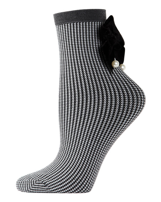 Women's Houndstooth Faux Pearl Bow Accent Anklet Sock : Color: Black/Gray