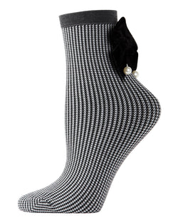 MeMoi Houndstooth Pearl Bow Anklet Socks