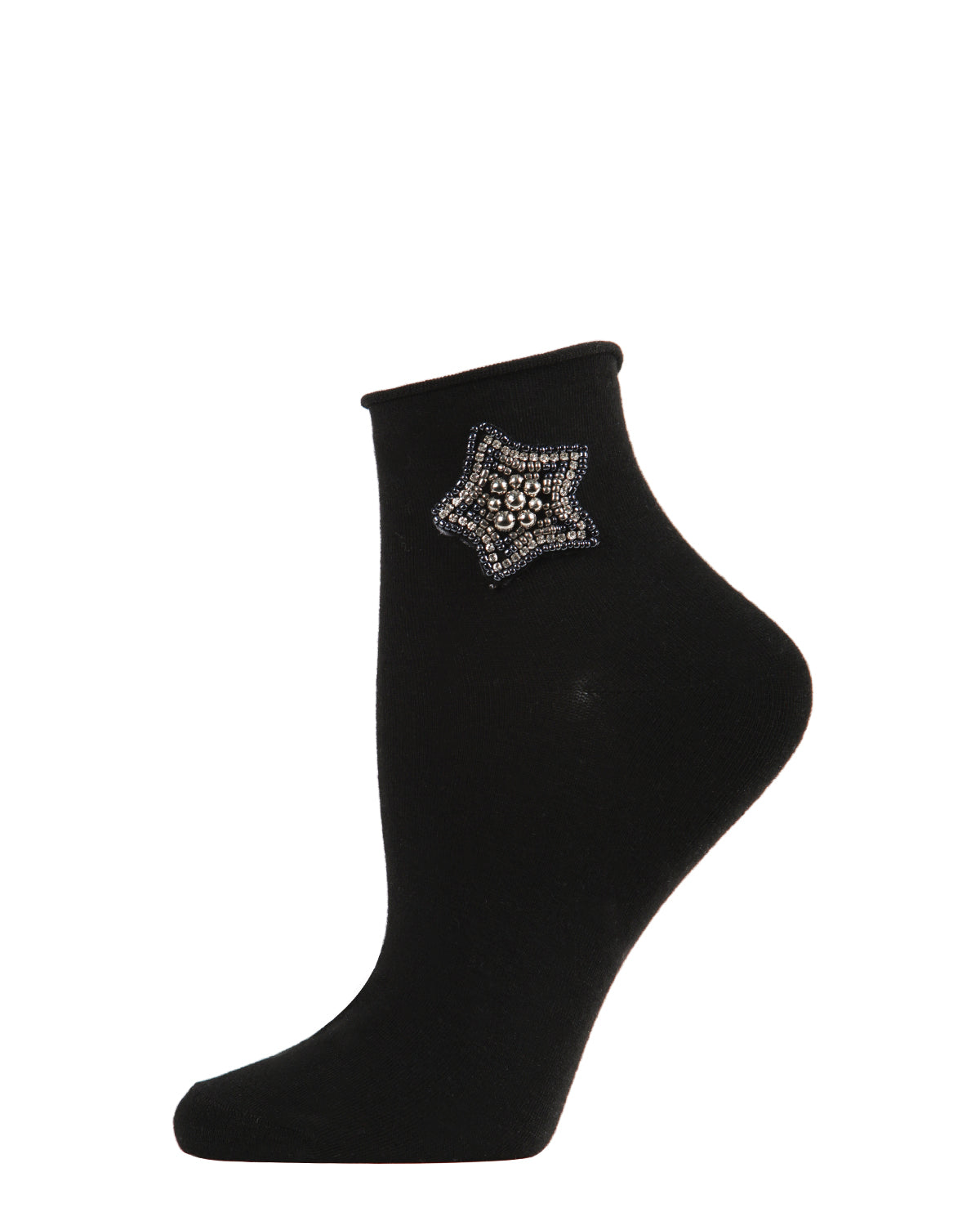 Women's Beaded Moon and Star Roll Top Shorties Sock : Color: Black