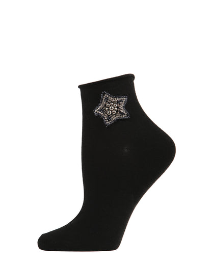 Women's Beaded Moon and Star Roll Top Shorties Sock : Color: Black