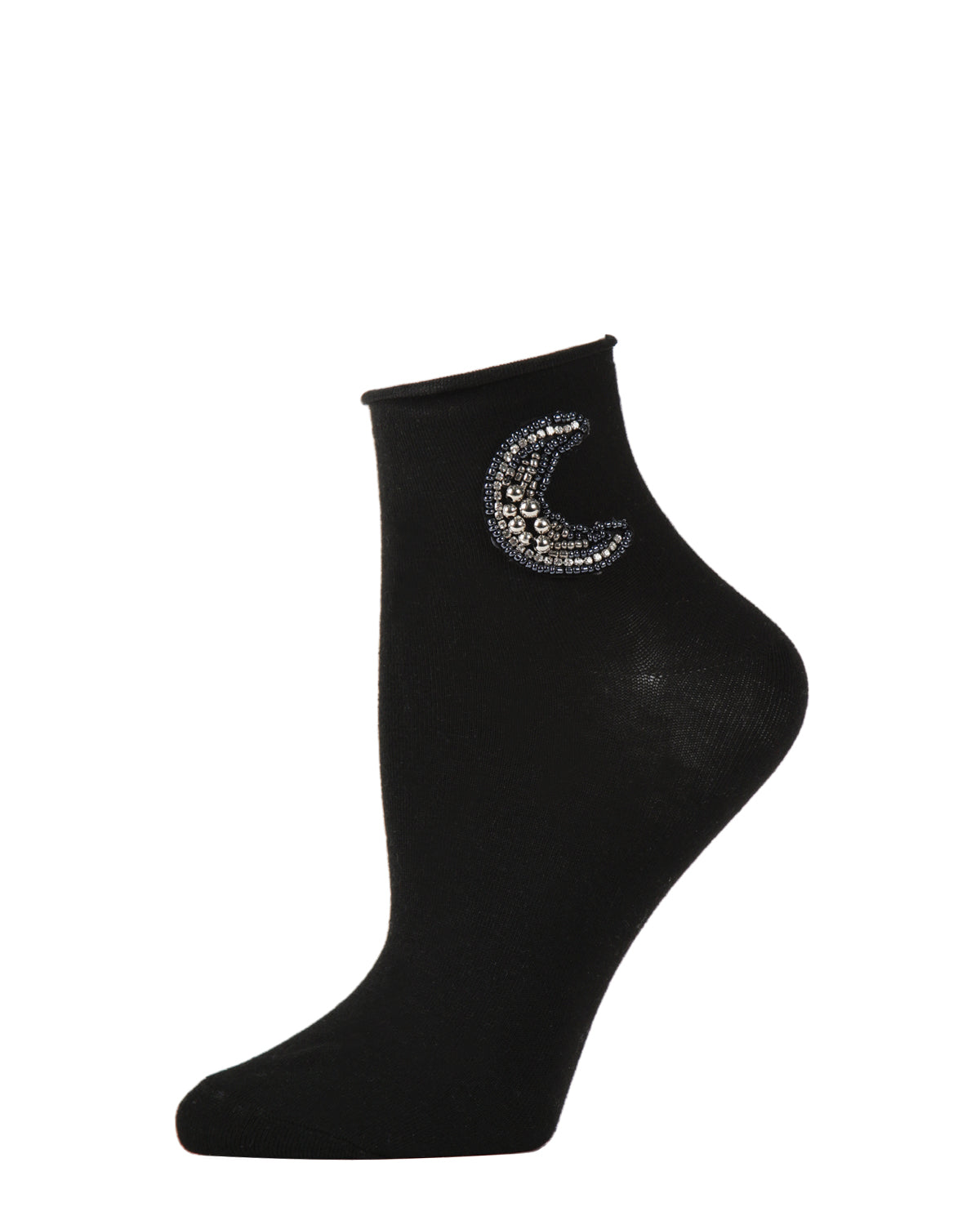 Women's Beaded Moon and Star Roll Top Shorties Sock : Color: Black