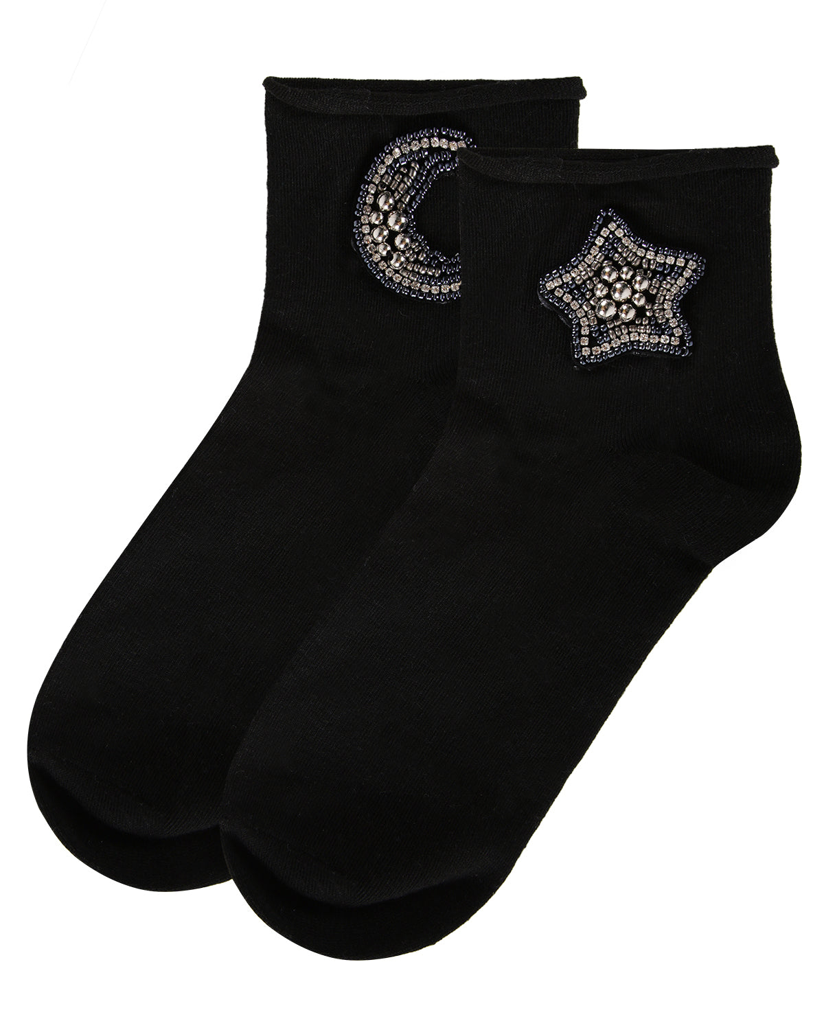 Women's Beaded Moon and Star Roll Top Shorties Sock : Color: Black